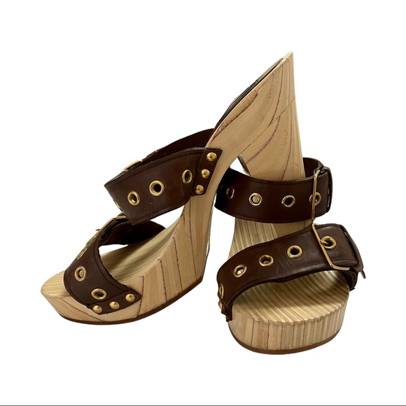 MIU MIU Leather Studded Wooden Platform Mules - Picture 2 of 7